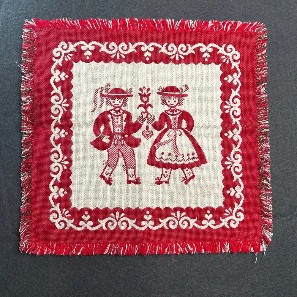Vintage 15in Dutch Couple PlaceMat Made in Austria Folk Art Red